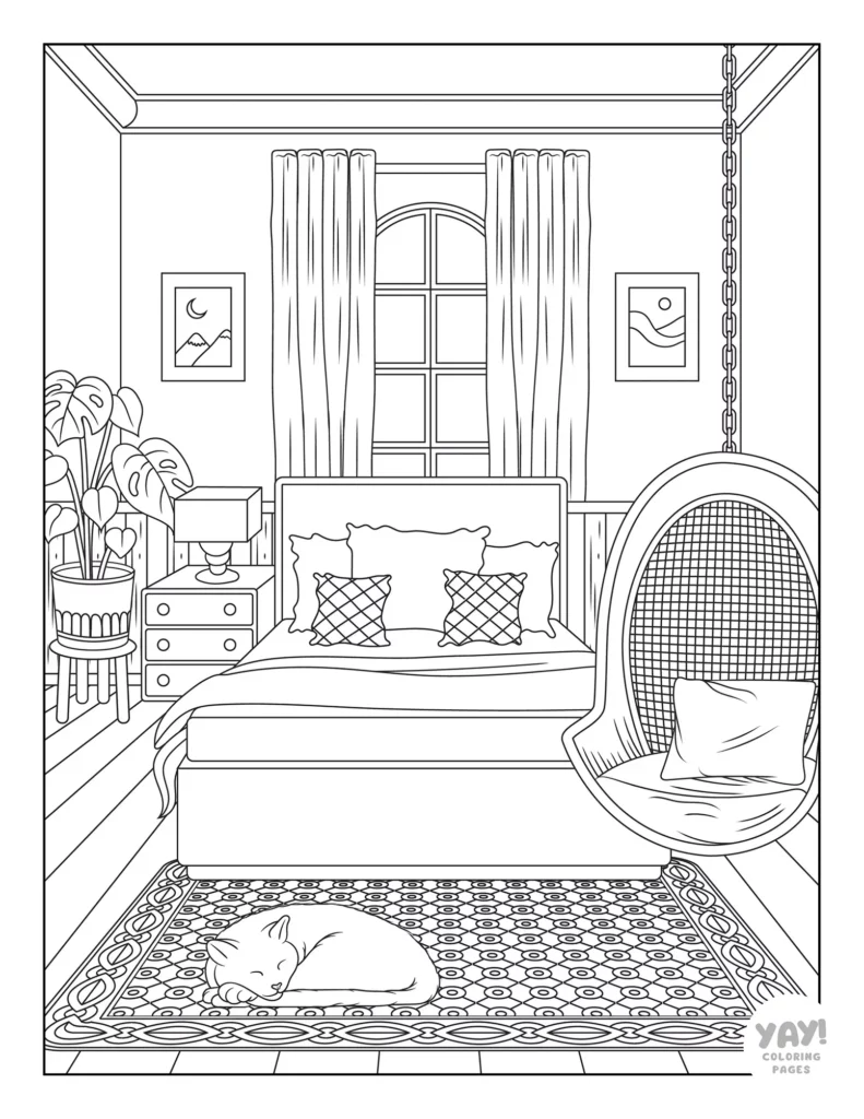 Boho bedroom coloring page for adults