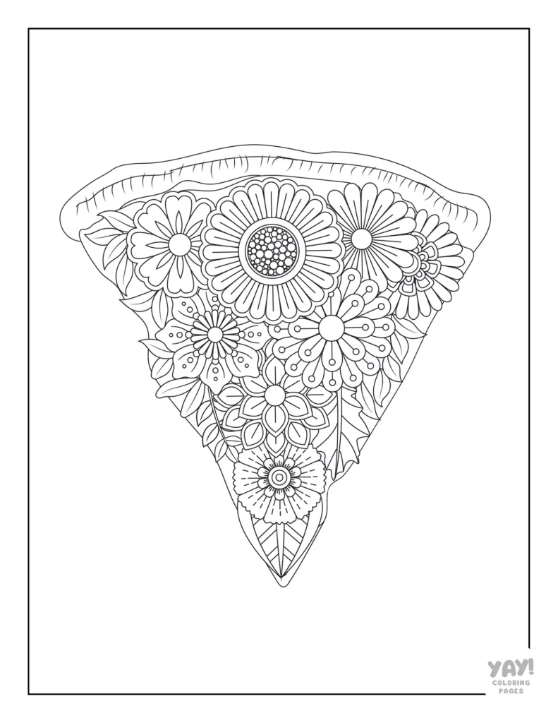 Floral pizza coloring page for adults