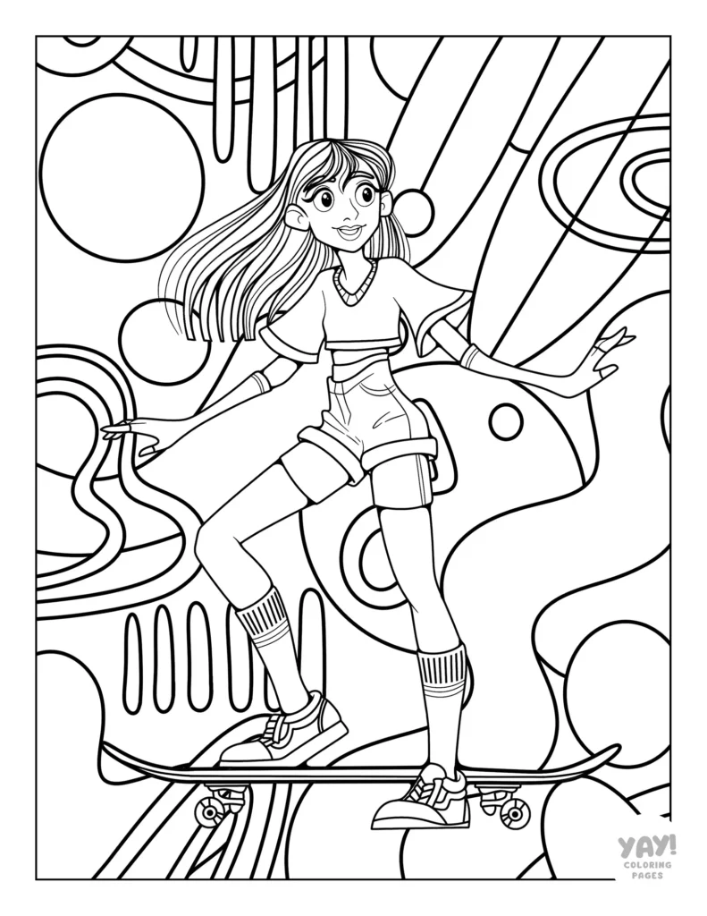 Cool longboard skater girl coloring page