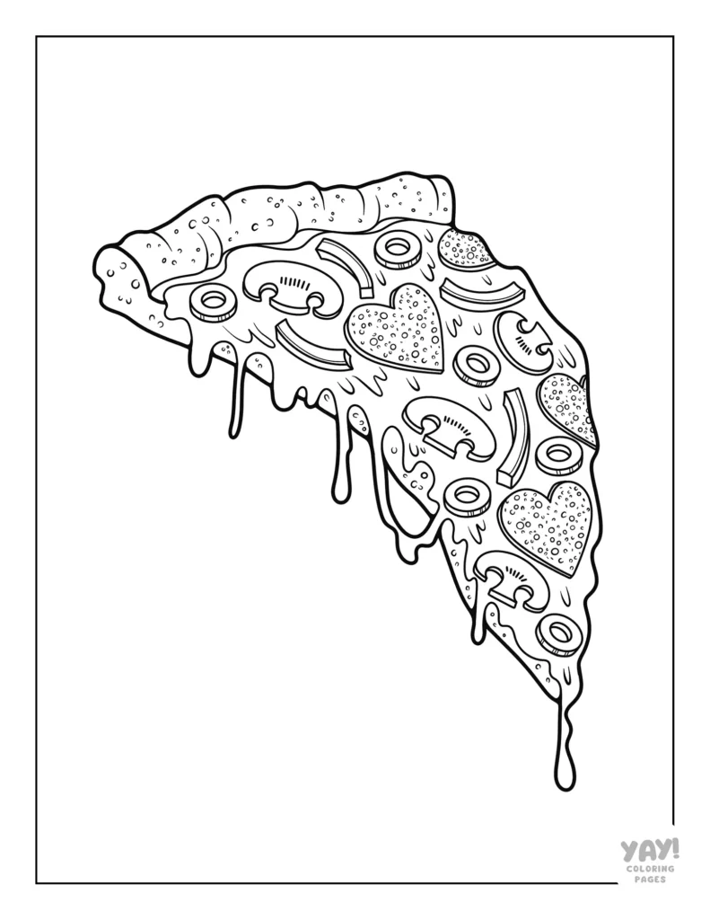 Aesthetic coloring page of melty pizza slice with heart shaped pepperoni.