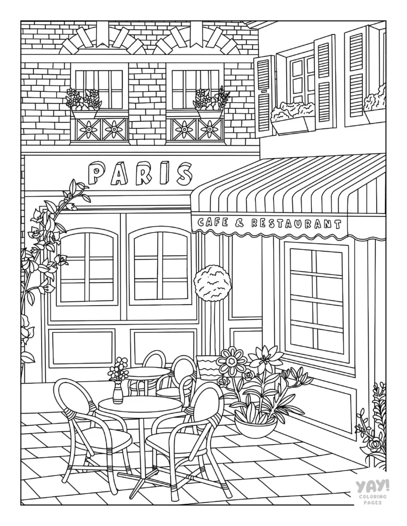 Cute aesthetic Paris cafe coloring page for adults