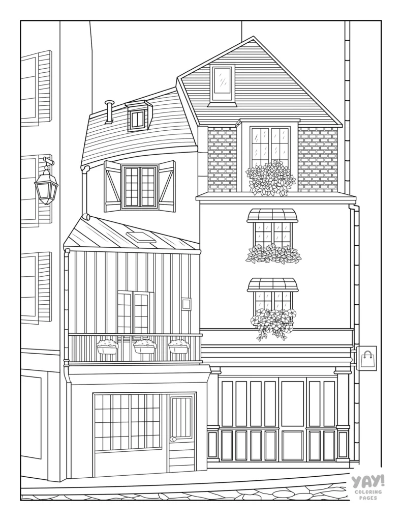 Cute Paris street with shops coloring page for adults