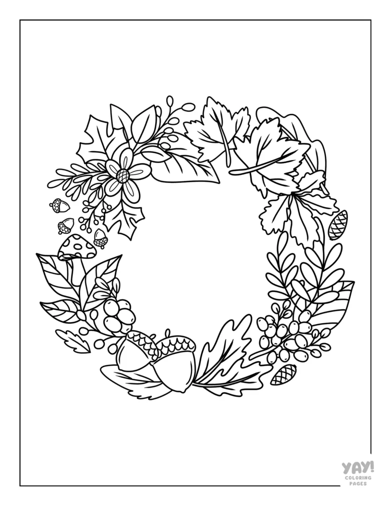 Fall wreath coloring page with leaves, acorns, and berries