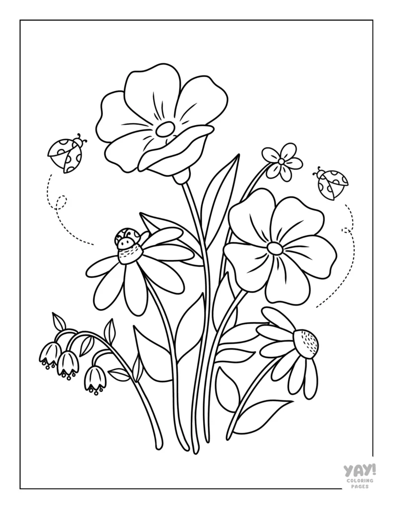 Flowers and bugs coloring page