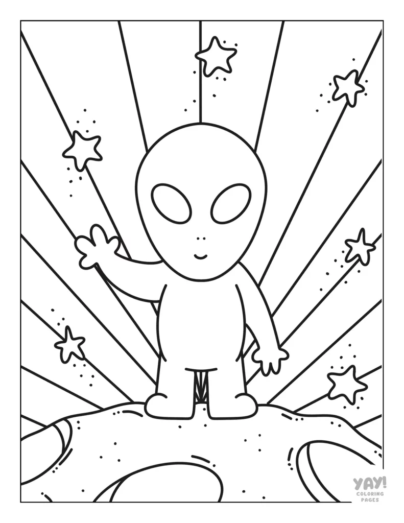 Cute cartoon alien waving hello from the moon coloring sheet