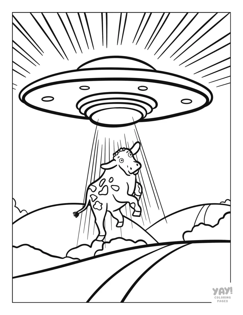 UFO abducting a cow coloring page