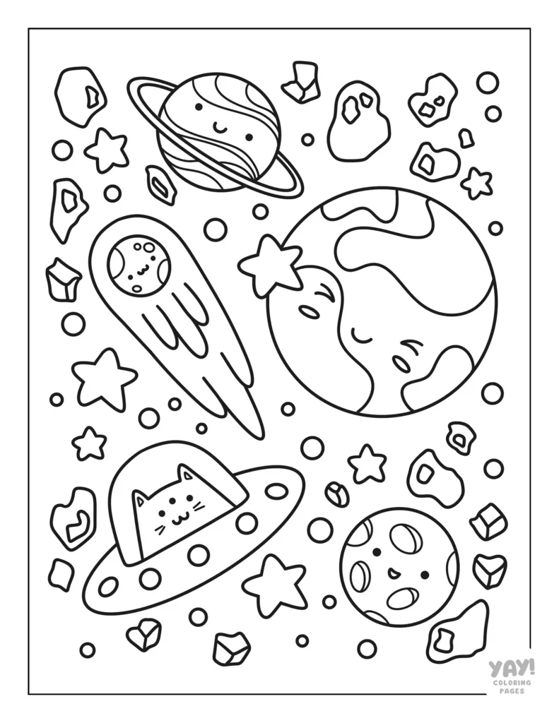 Kawaii space coloring page with UFO alien cat