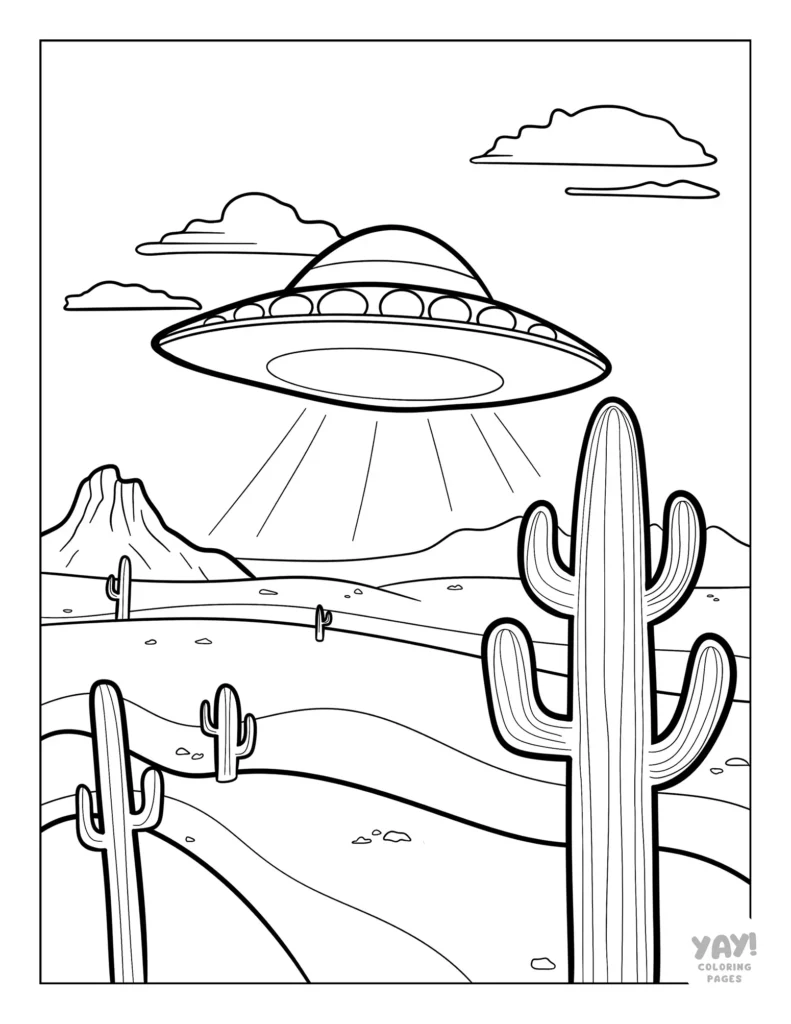 Detailed coloring page with UFO flying over desert