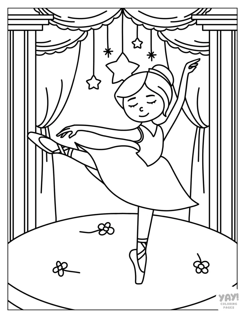 Ballerina dancing under the stars on stage coloring page for kids