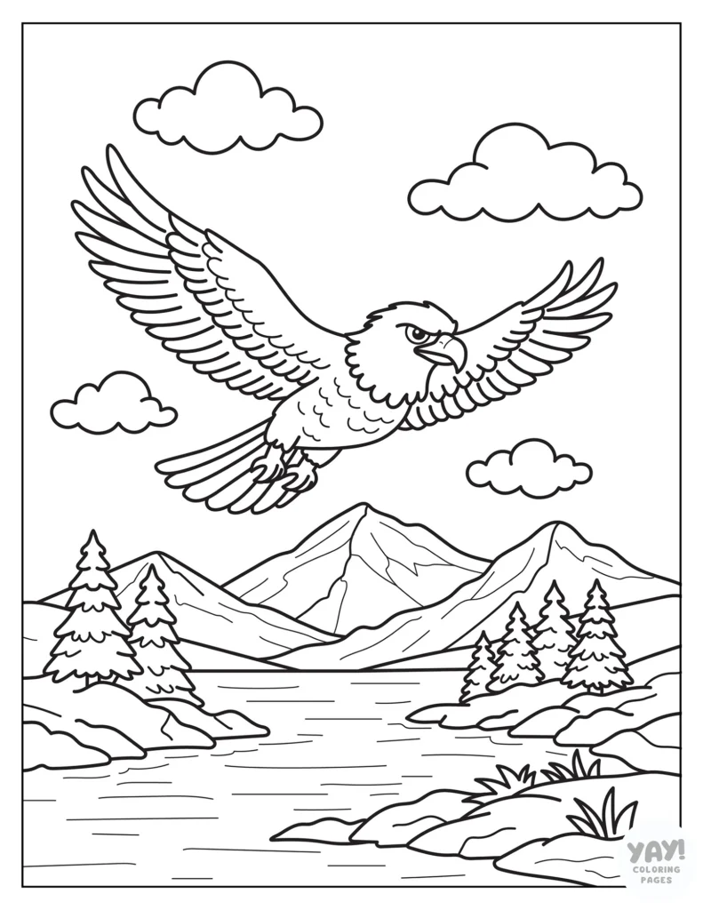 Bald eagle flying over lake and mountains coloring page
