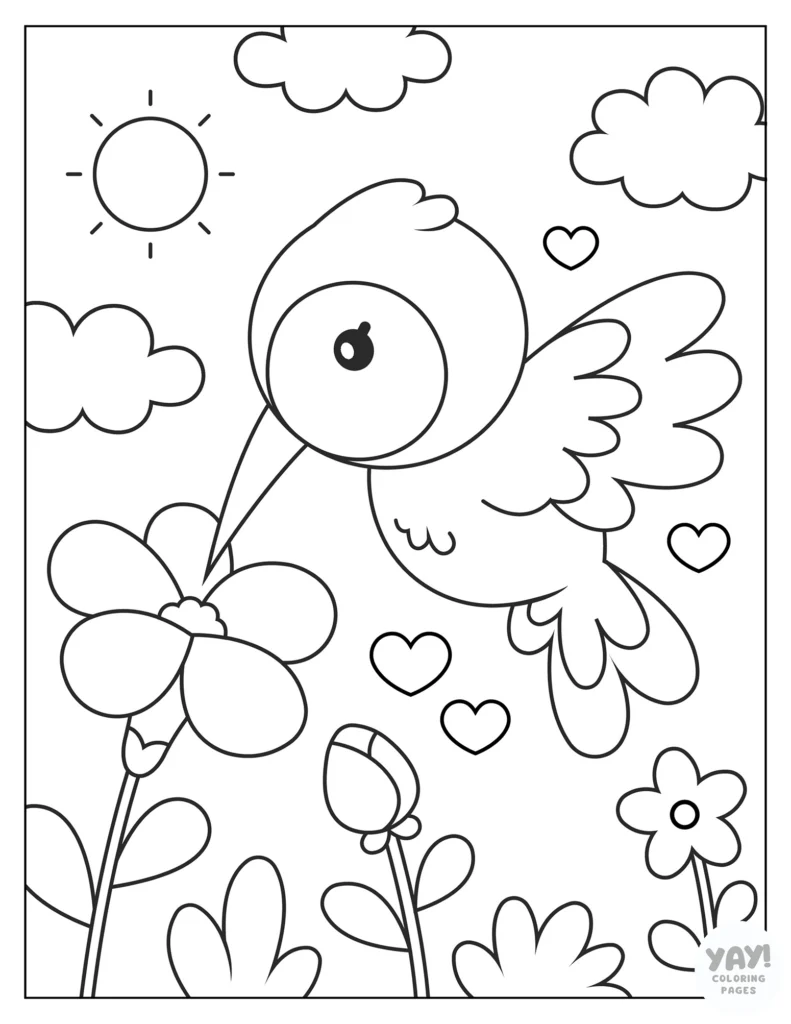 Hummingbird getting nectar from flower coloring page