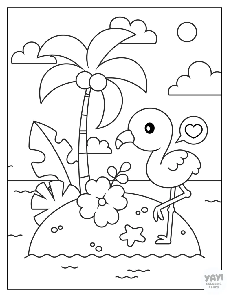 Cute flamingo on island in the sea coloring page