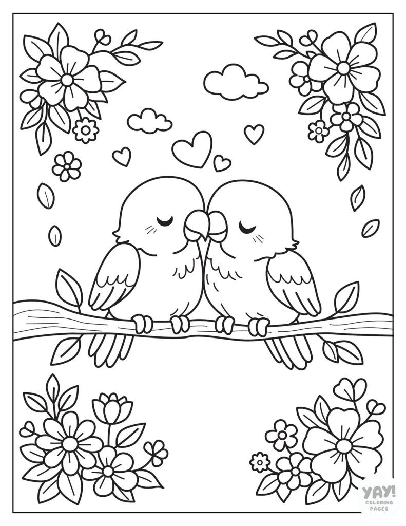 Lovebirds snuggling on tree branch coloring page