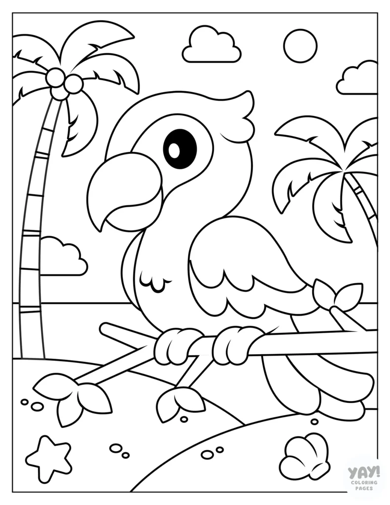 Parrot at the beach coloring page