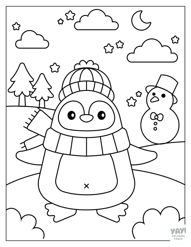 Penguin in the snow coloring page