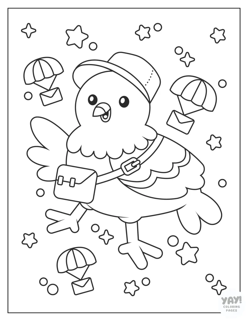 Kawaii carrier pigeon delivering letters coloring page