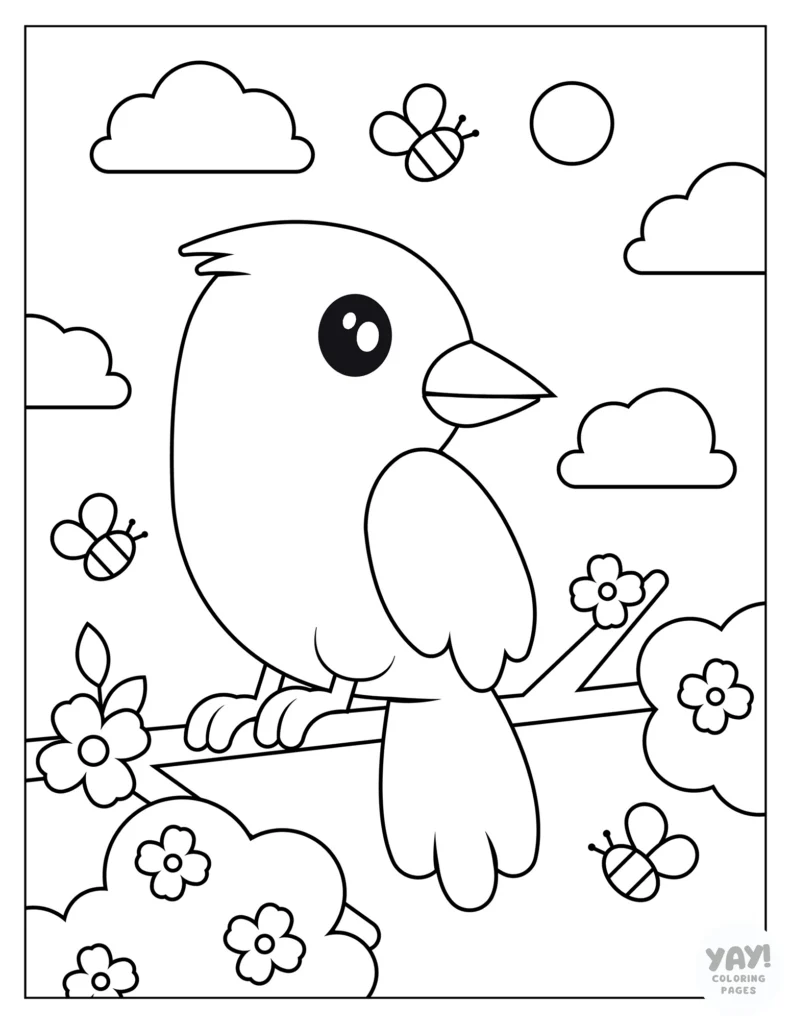 Cartoon robin on tree branch coloring page