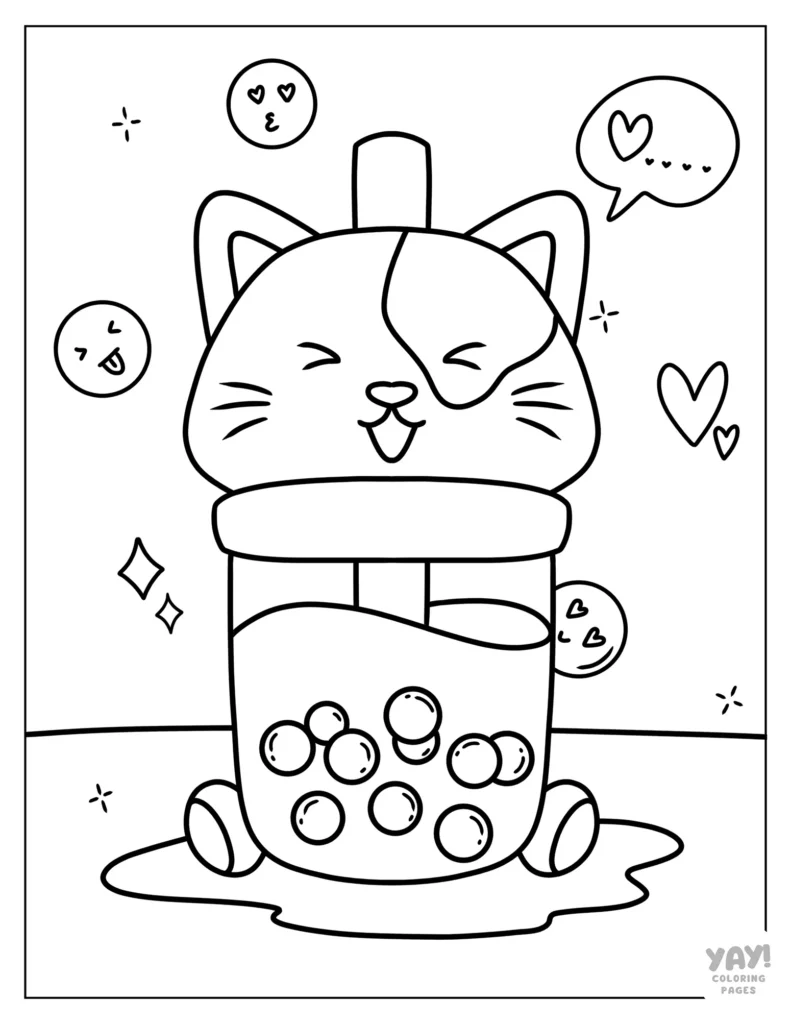 Funny cat boba cup coloring page