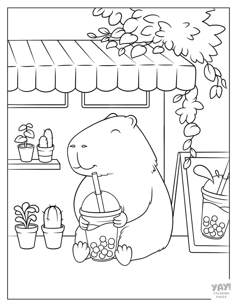 Cute capybara at boba cafe coloring page