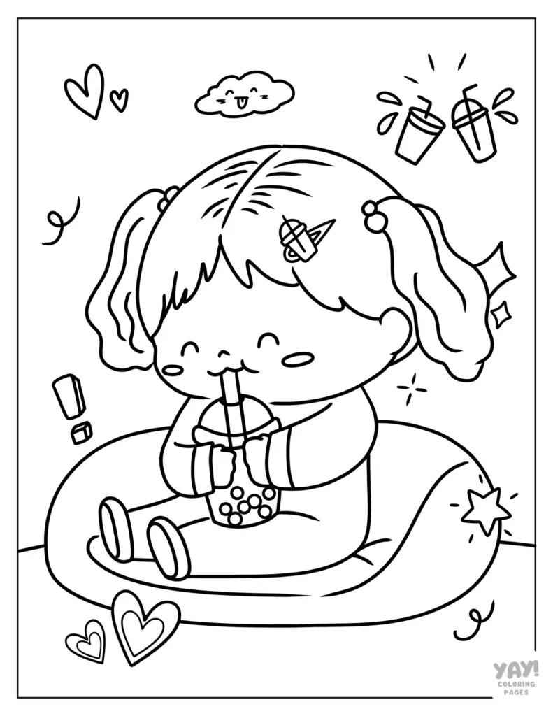 Chibi girl drinking boba coloring sheet for kids