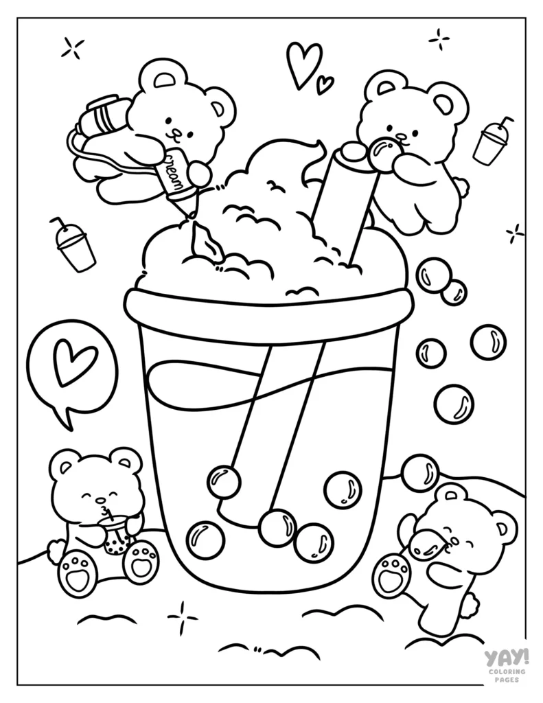 Kawaii bears making boba drink coloring page