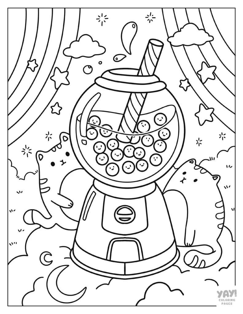 Cute boba gumball machine with cats, stars, and rainbow coloring page