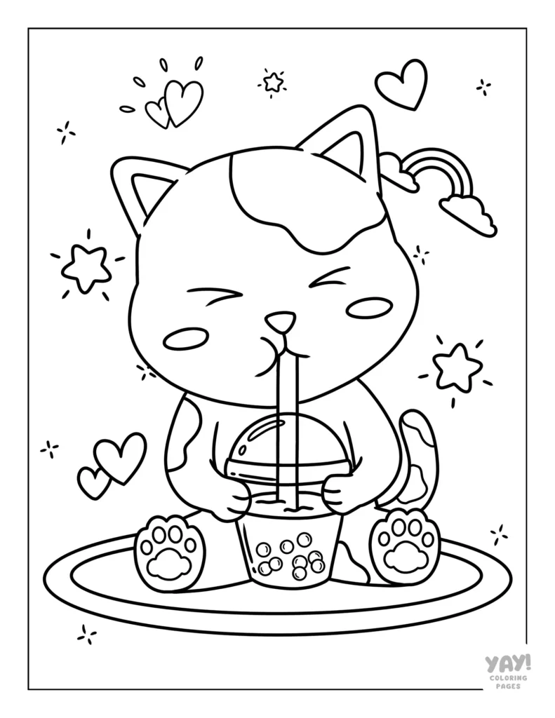 Cute cat drinking boba tea coloring paeg