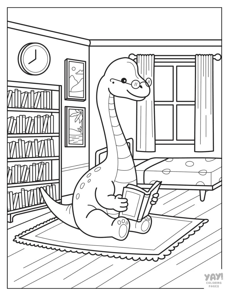 Cute brachiosaurus reading a book