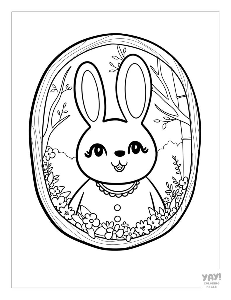 Pretty bunny with flowers in wooden oval fram coloring page