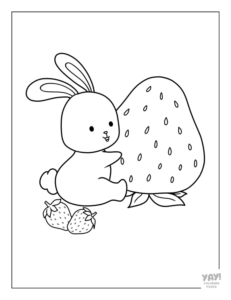 kawaii coloring sheet of bunny holding giant stawberry