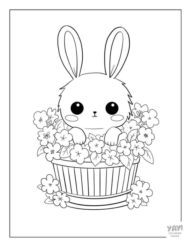 kawaii bunny coloring page with flowers
