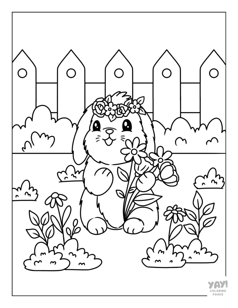 Lop bunny with flower crown coloring sheet