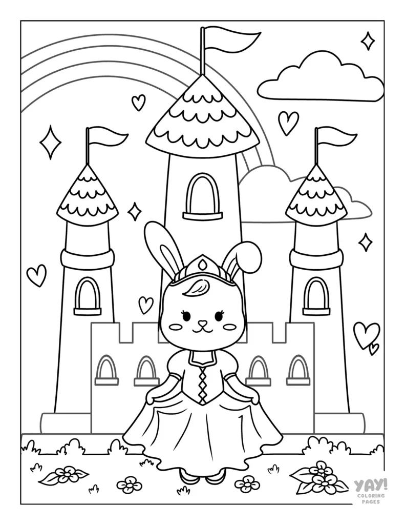 Princess bunny and castle coloring page for kids