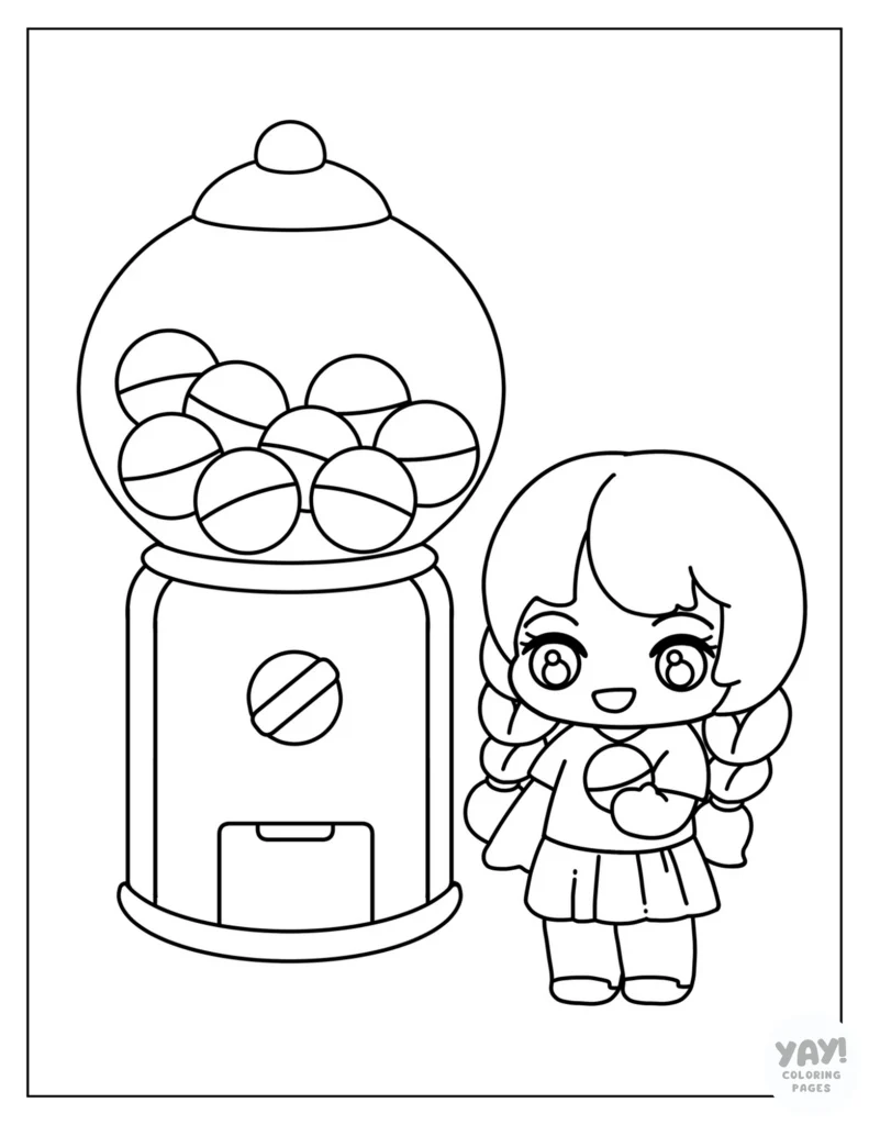 Chibi girl and gum ball machine coloring page