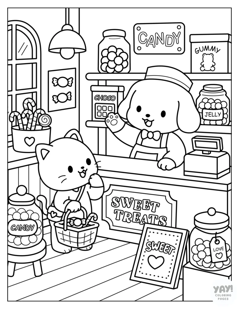 Animals in candy shop coloring page
