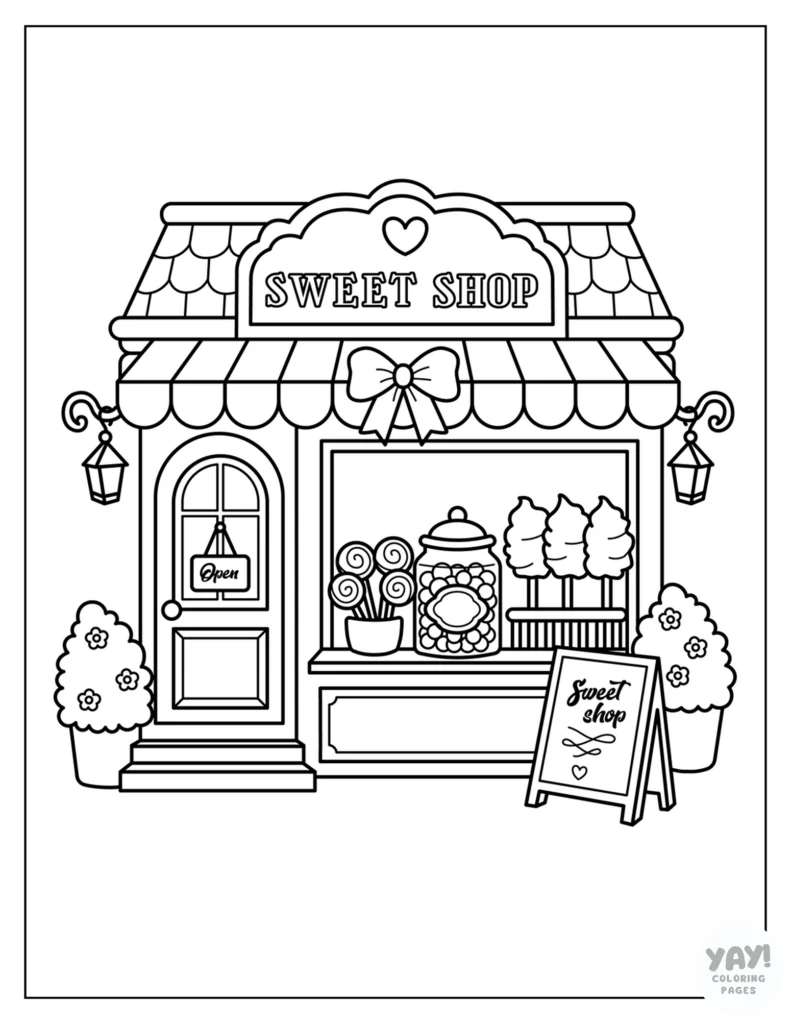 Sweet candy shop coloring page with cotton candy and lollipops