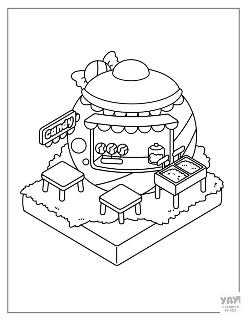 Isometric candy shop coloring page