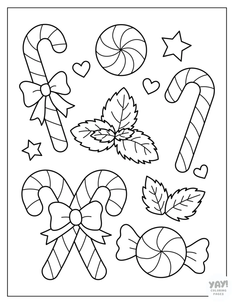 Peppermint candy canes and mint leaves coloring page