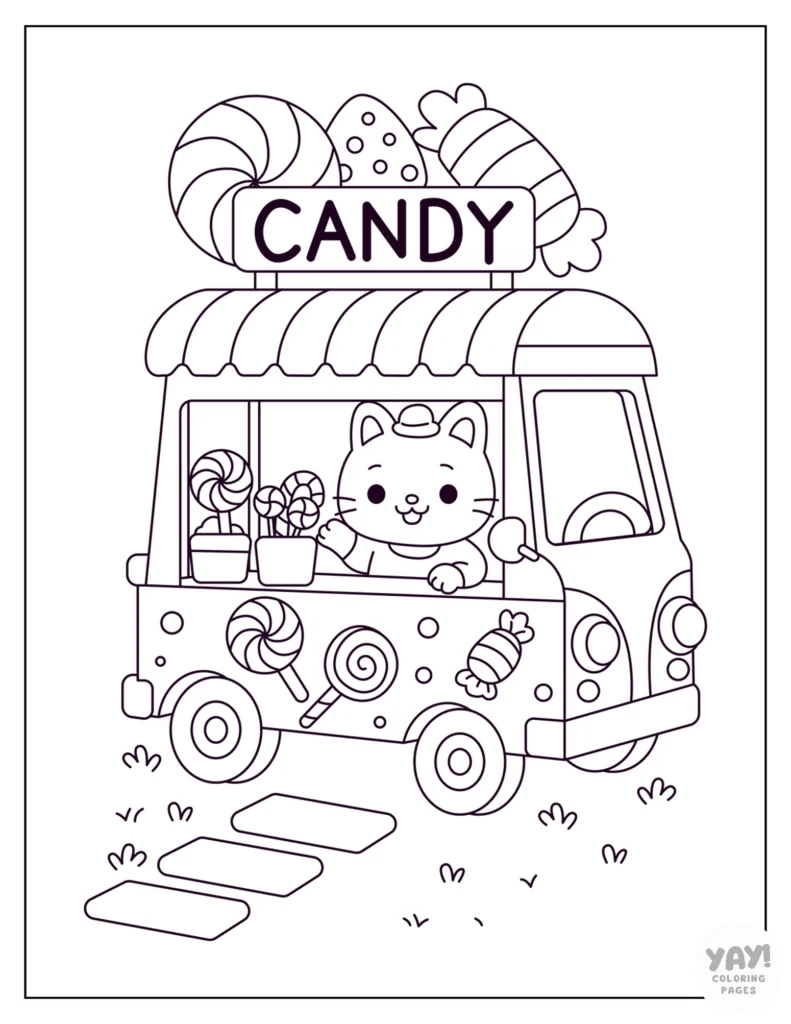 Candy food truck with cat worker coloring page
