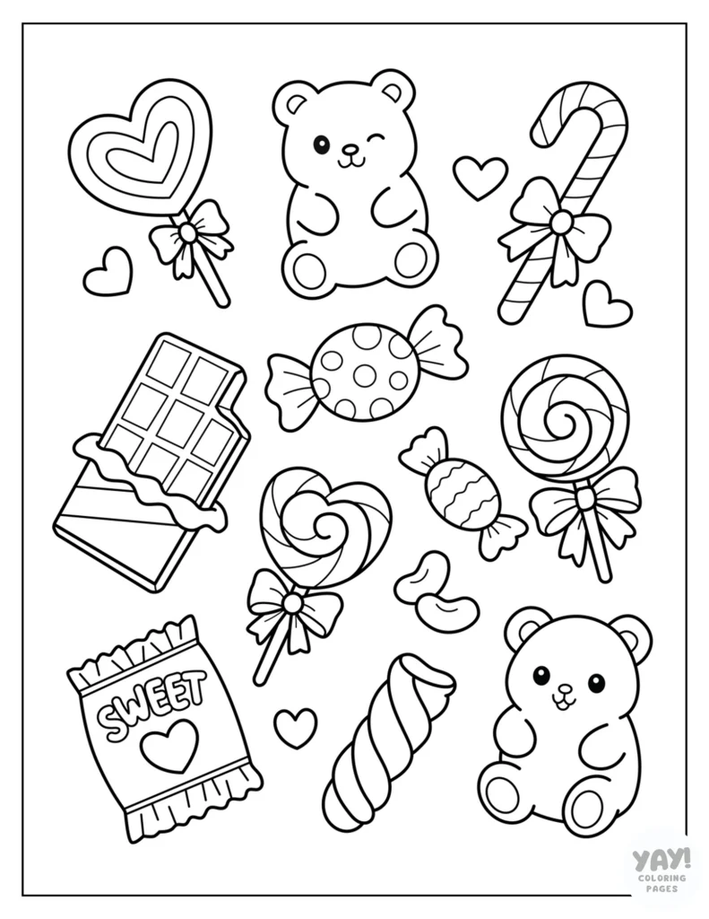 Gummy bears, heart-shaped lollipops, chocolate, and jelly beans coloring page