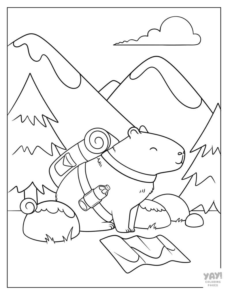 Capybara hiking in the mountains coloring page