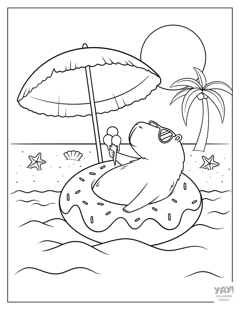 Capybara at the beach in donut pool float coloring sheet