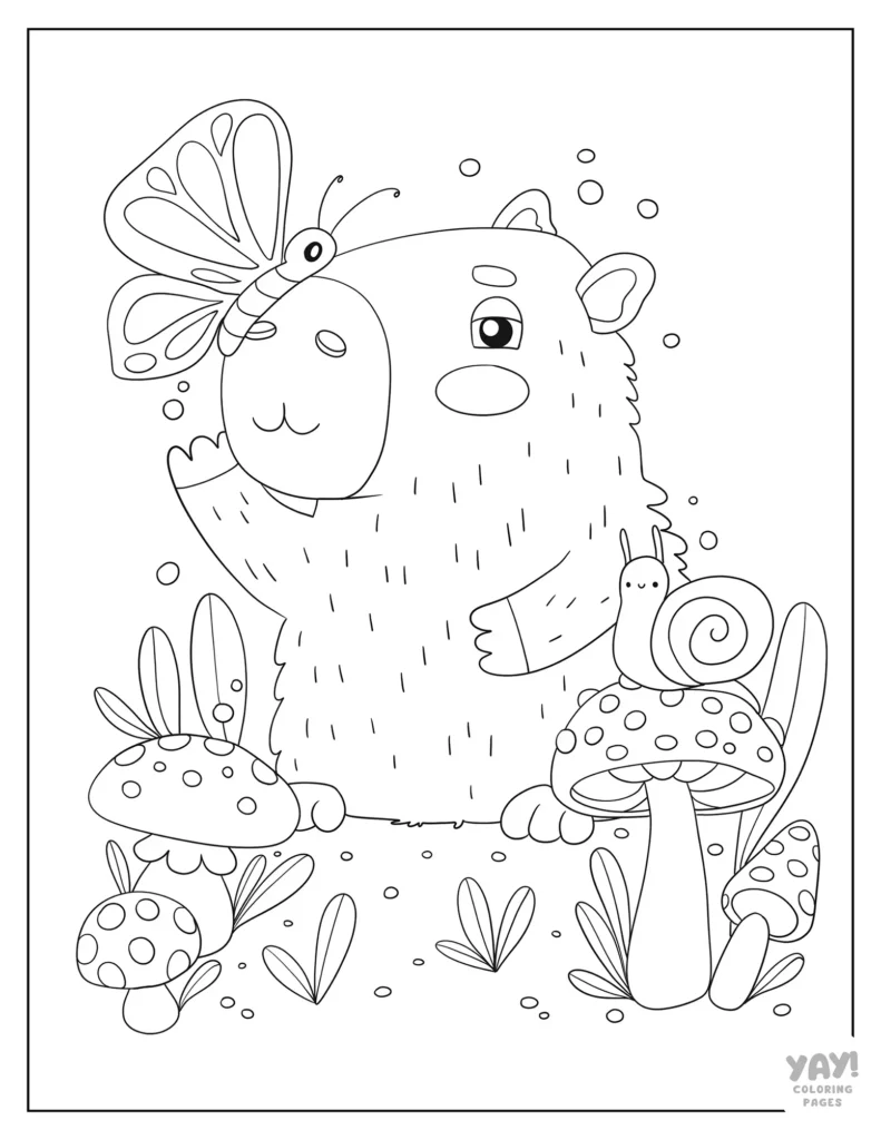 Cute capybara with butterfly on its nose coloring page