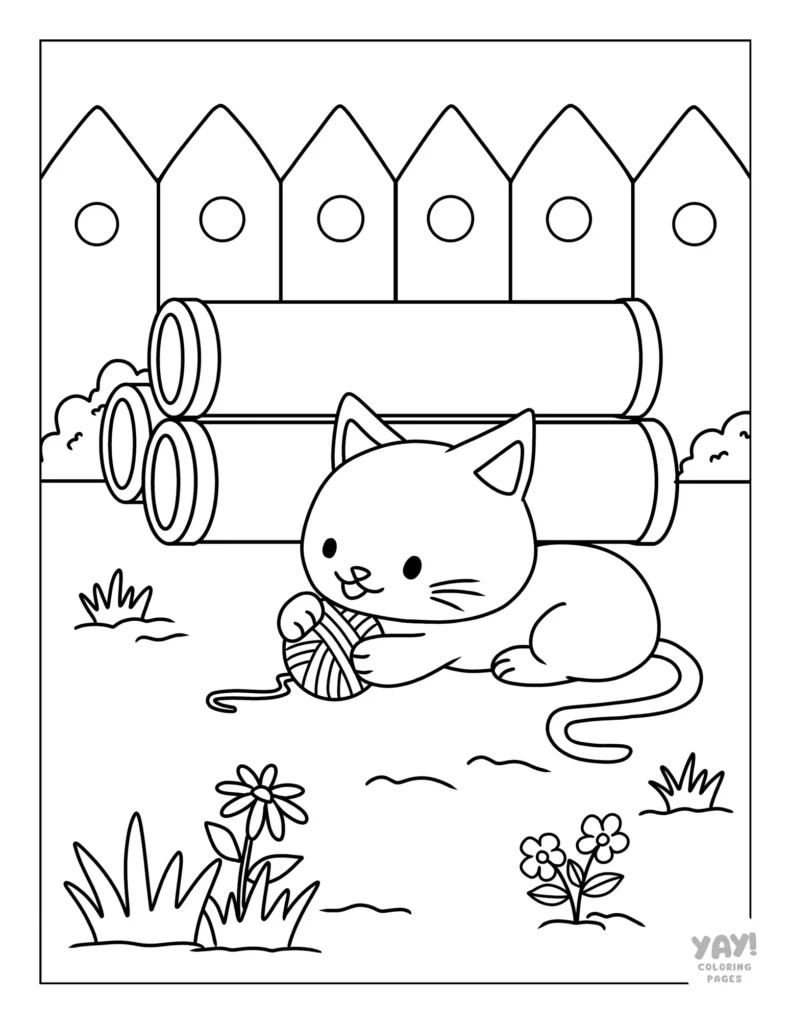 Cute cat playing with yarn coloring page for kids