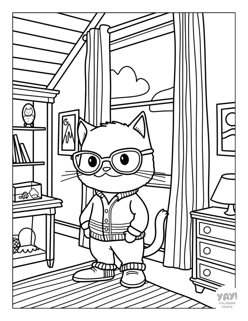 Cool cat with glasses coloring sheet for kids