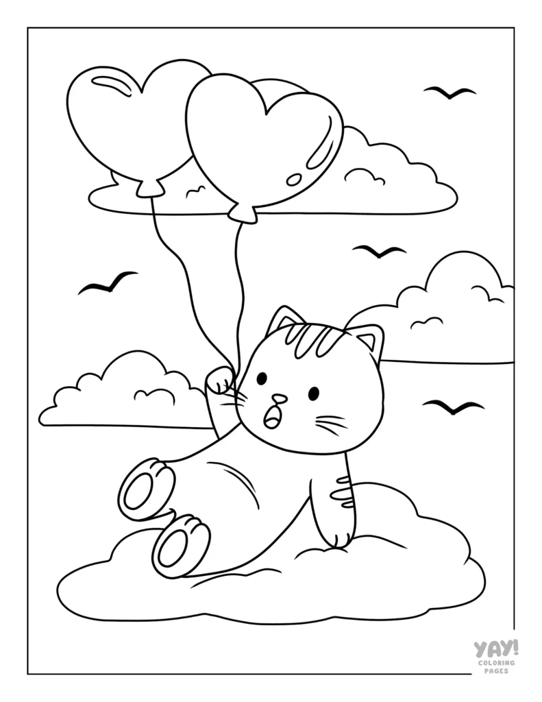 Kawaii cat holding heart balloons coloring page