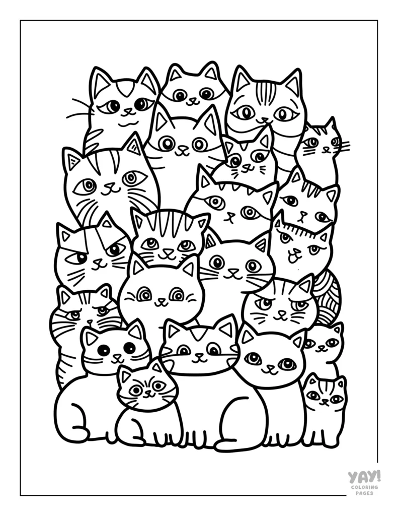 Funny cats stacked on top of each other coloring sheet for adults