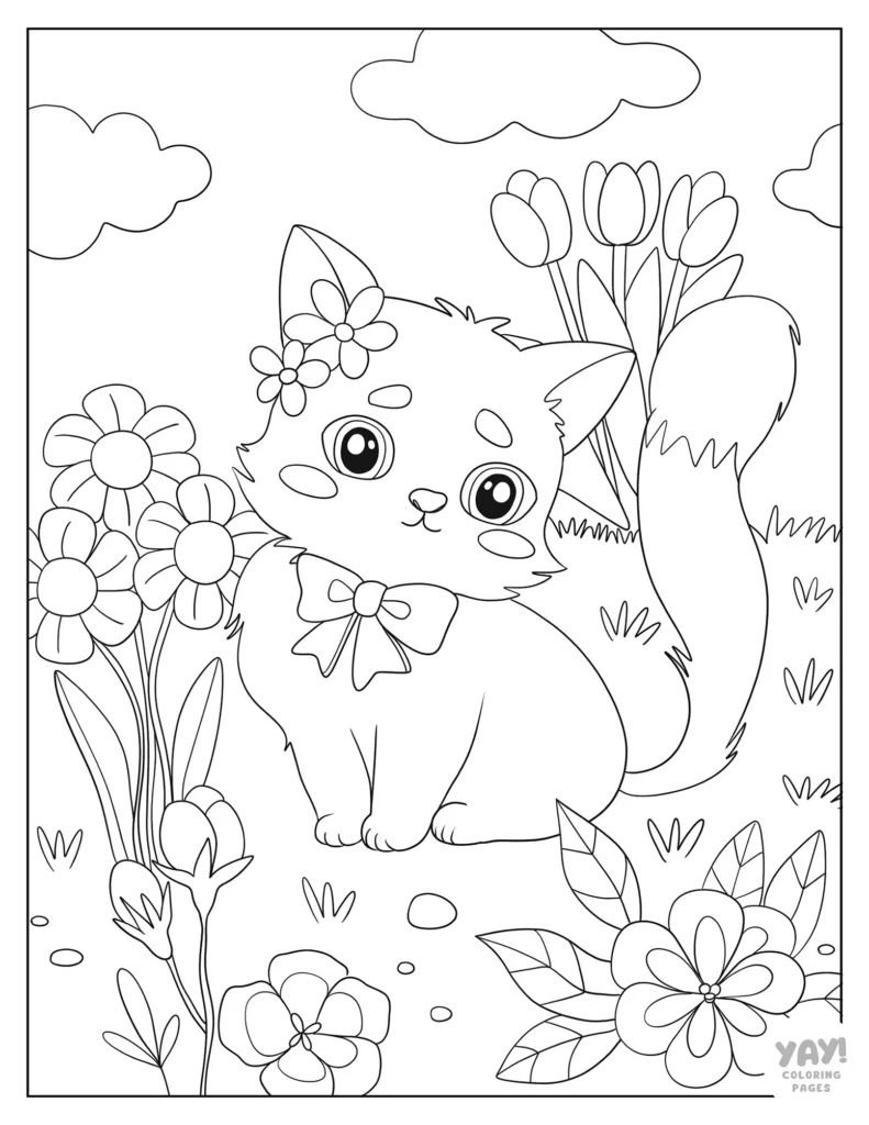 Pretty cat with flowers coloring page