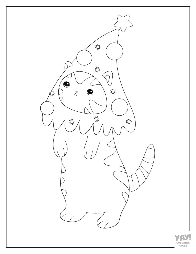 Cat wearing Christmas tree hat with ornaments and star coloring page
