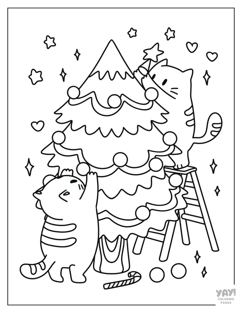 Cute cats decorating a Christmas tree coloring page